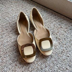 Roger Vivier Cream Flats with Gold Buckle
